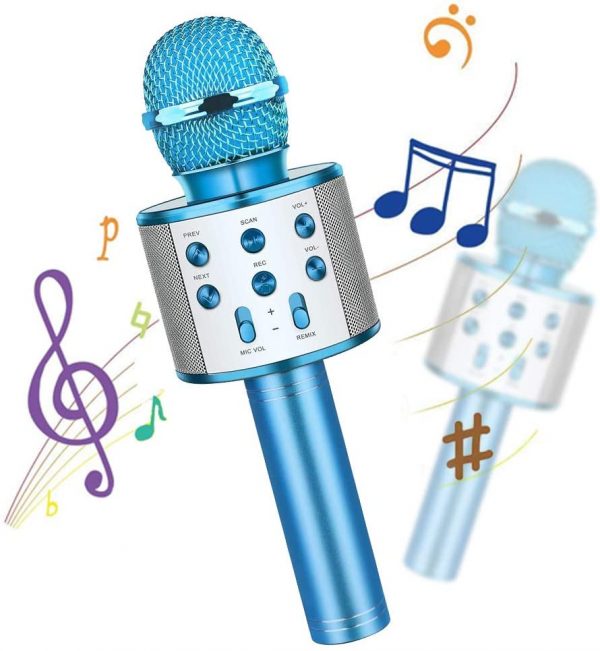 Microfone Bluetooth 2 em 1 Para Karaokê Azul